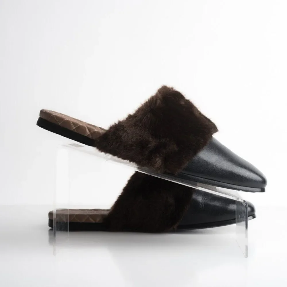 Gucci Mens Black Leather Mules Slippers Faux Fur Quilted Limed ed US 8.5 New